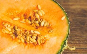 Freshly cut cantaloupe with exposed seeds